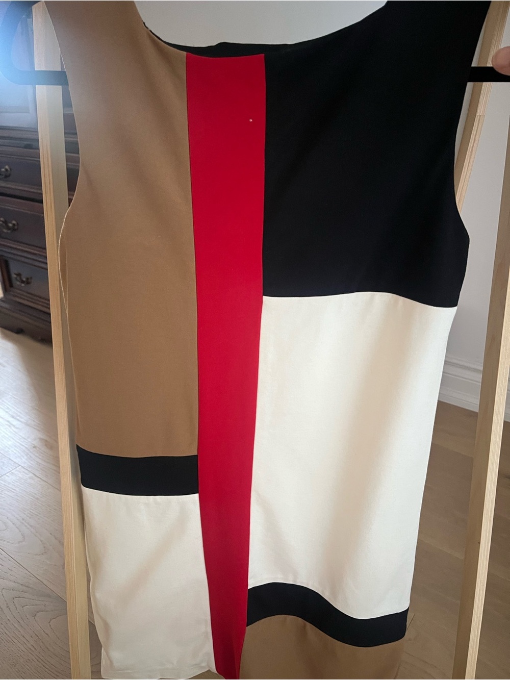 Colorblock DVF Sleeveless Shift Dress in Black, Cream, Tan & Red